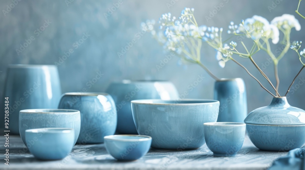 A tabletop still life featuring a variety of blue ceramic bowls and vases of varying sizes, arranged in a visually pleasing cluster. A sprig of white flowers in a small vase adds a touch of delicate b A tabletop still life featuring a variety of blue ceramic bowls and vases of varying sizes, arranged in a visually pleasing cluster. A sprig of white flowers in a small vase adds a touch of delicate b