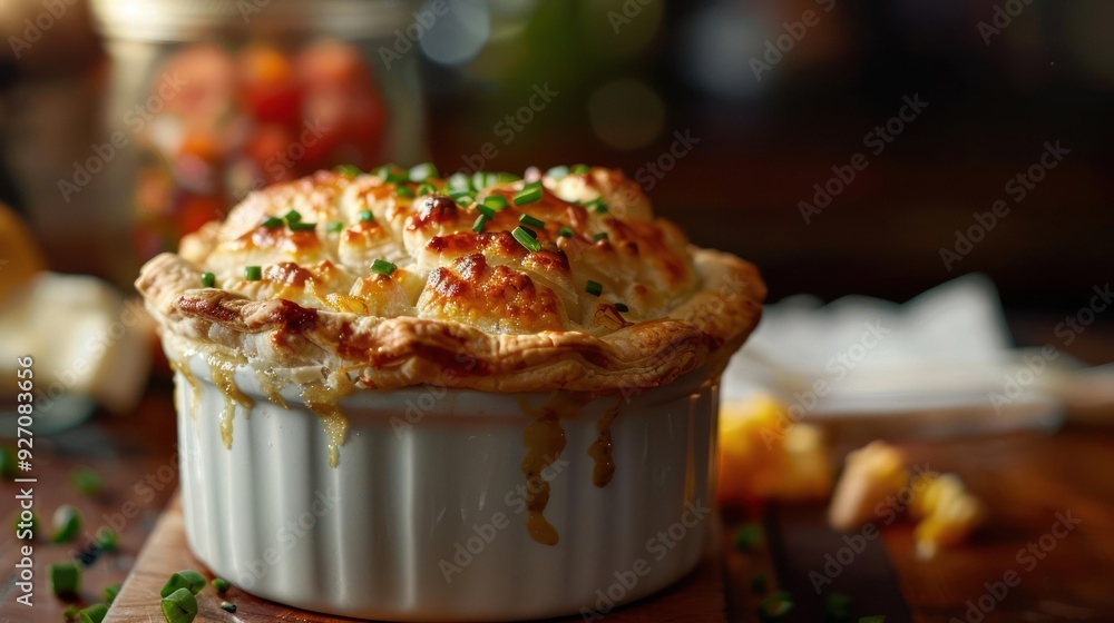 A delicious looking potato casserole with herbs, baked in a white round pot.