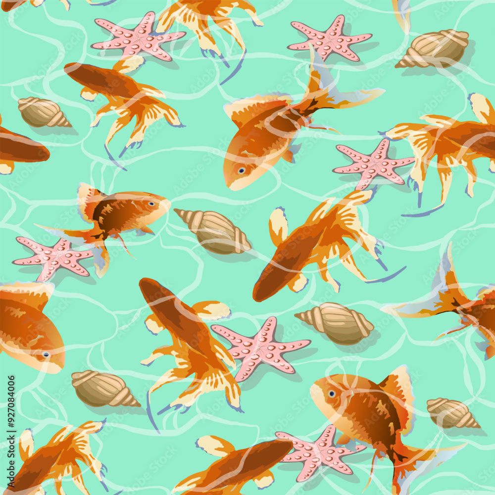 Colored pattern with fish and shells.Gold fish and seashells on a colored background in a seamless pattern. Colored pattern with fish and shells.Gold fish and seashells on a colored background in a seamless pattern.