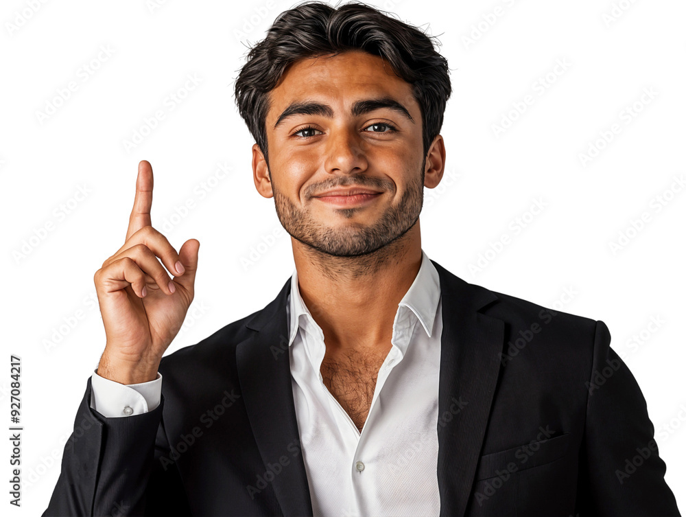 Smiling young businessman showing something with his index finger pointing up, isolated on transparent background Smiling young businessman showing something with his index finger pointing up, isolated on transparent background