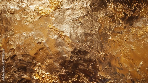 A close-up image of a textured gold paint surface. The paint appears to have been applied in thick layers, creating a variety of ridges, peaks, and valleys. The surface is illuminated by a bright ligh photo