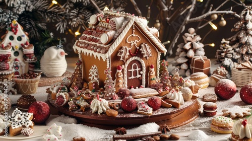 Festive Gingerbread House Surrounded by Holiday Treats - Perfect for Christmas Decorations