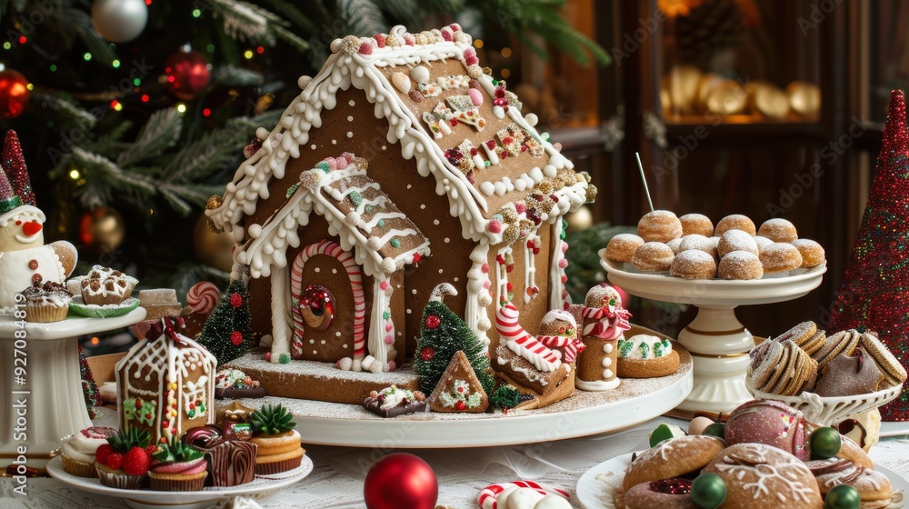 Festive Gingerbread House with Christmas Treats for Holiday Celebrations and Winter Decorations Festive Gingerbread House with Christmas Treats for Holiday Celebrations and Winter Decorations