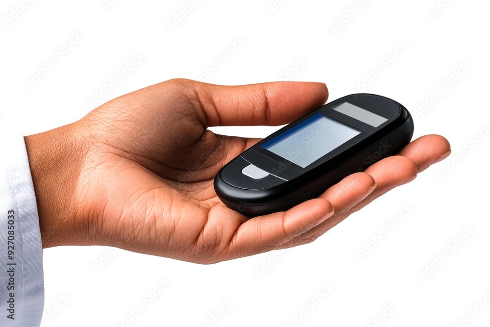 A hand holding a digital glucose meter, representing diabetes management and health monitoring in a clinical setting. A hand holding a digital glucose meter, representing diabetes management and health monitoring in a clinical setting.