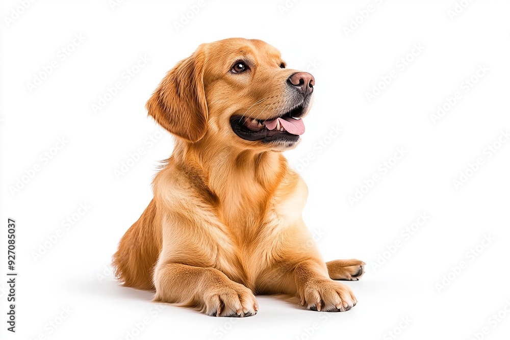 A happy golden retriever dog relaxing happily on a white background, showcasing its playful and friendly nature. A happy golden retriever dog relaxing happily on a white background, showcasing its playful and friendly nature.