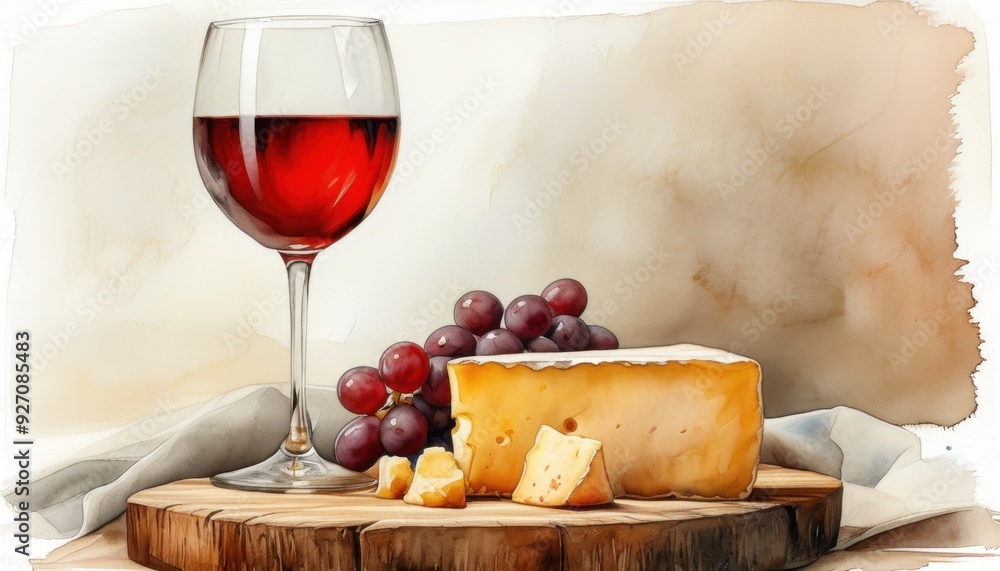 Wine and Cheese Delight, a rich scene showcasing a glass of red wine alongside a selection of creamy cheese and fresh grapes, exuding elegance and indulgence. Wine and Cheese Delight, a rich scene showcasing a glass of red wine alongside a selection of creamy cheese and fresh grapes, exuding elegance and indulgence.