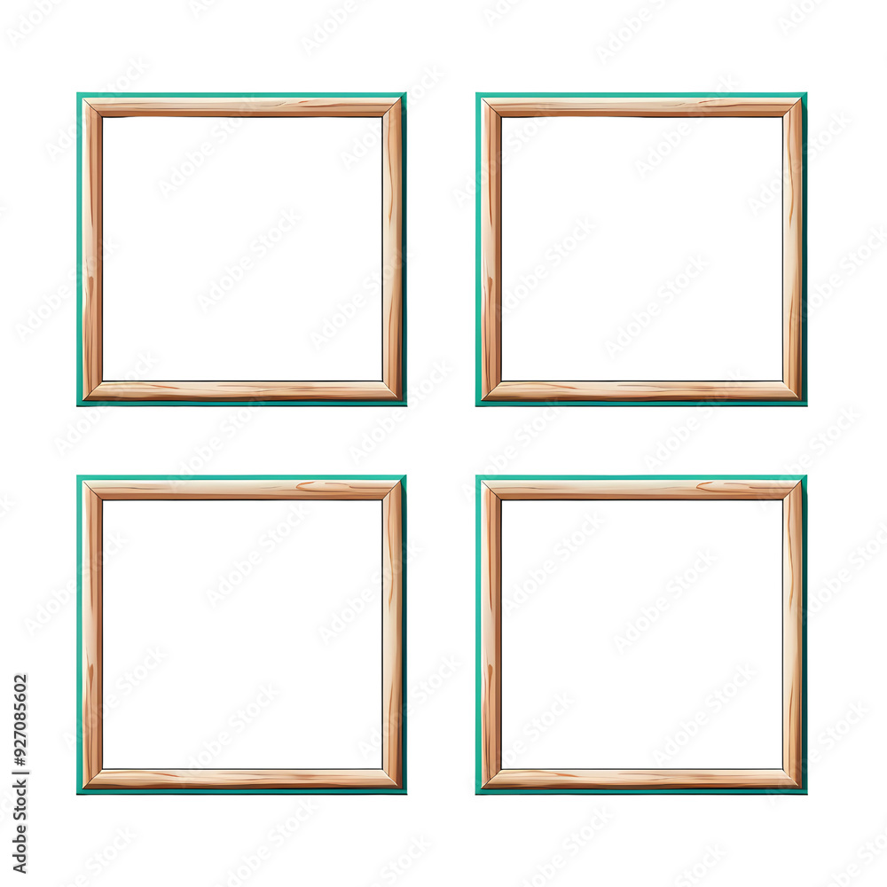 Four empty wooden picture frames with a teal border against a black background. Four empty wooden picture frames with a teal border against a black background.