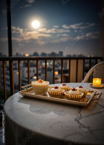 a tray of traditional indian sweets on a table with a candle and full moon in the sky