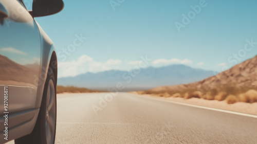 A car driving down an open highway with scenic landscapes, capturing the freedom and adventure of a road trip.