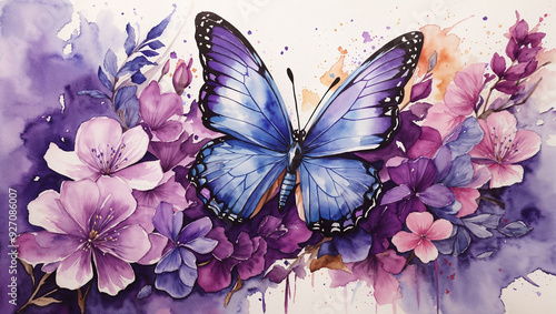 Fototapeta Naklejka Na Ścianę i Meble -  This is a painting of a blue butterfly surrounded by purple flowers.