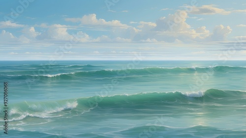 Gentle waves in a calm ocean, soft blues and greens, peaceful and serene