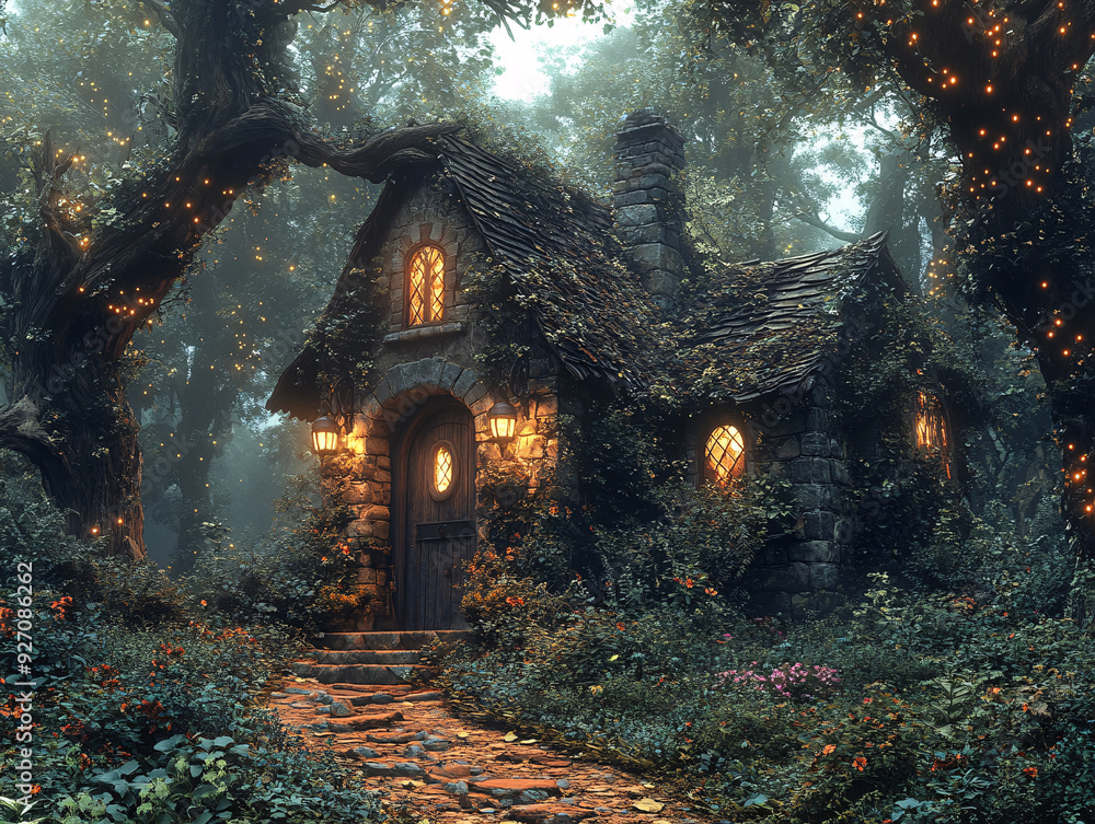 a fantastical, gothic-style mystical witch owns a cottage hidden deep in a magical forest a fantastical, gothic-style mystical witch owns a cottage hidden deep in a magical forest