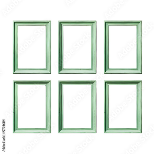 Six empty green picture frames arranged in two rows of three on a black background.