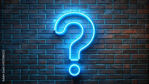 Neon blue question mark on brick wall