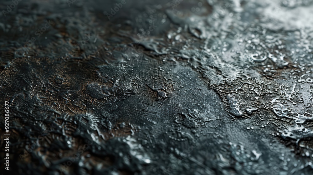 A close-up view of a dark metal surface. The surface has a rough, textured appearance due to cracking, weathering, and aging. The texture is highlighted by the interplay of light and shadow. A close-up view of a dark metal surface. The surface has a rough, textured appearance due to cracking, weathering, and aging. The texture is highlighted by the interplay of light and shadow.