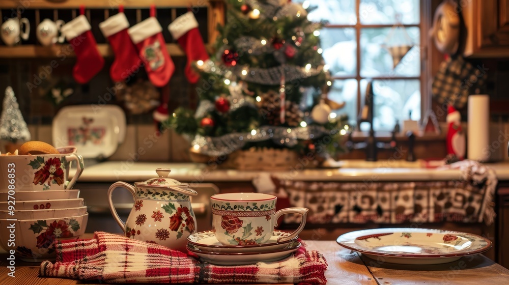 Cozy Christmas Kitchen Decor with Festive Dishware, Towels, and Tree for Holiday Cheer Cozy Christmas Kitchen Decor with Festive Dishware, Towels, and Tree for Holiday Cheer
