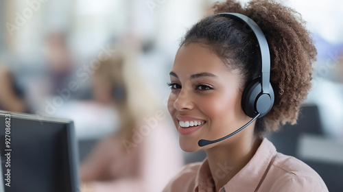 A customer service representative wearing a headset, smiling while assisting a client on a computer in a bright call center.
