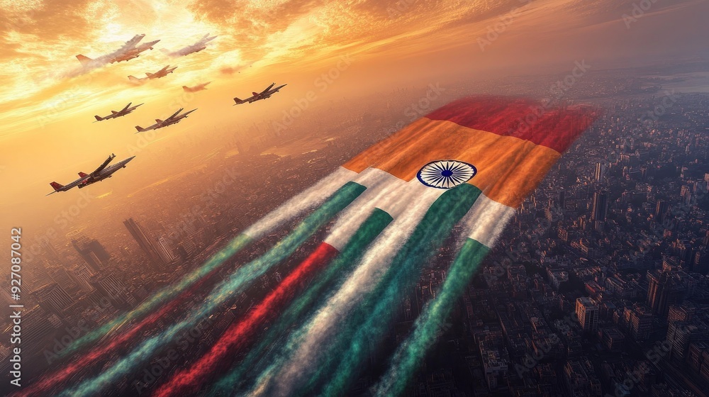 A formation of air jets flying over an Indian city, leaving colorful trails, with a large Indian flag in the foreground. A formation of air jets flying over an Indian city, leaving colorful trails, with a large Indian flag in the foreground.