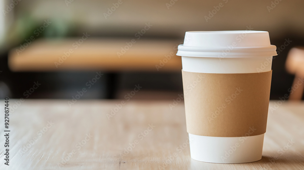 A disposable coffee cup with a blank sleeve, placed on a café table. A disposable coffee cup with a blank sleeve, placed on a café table.