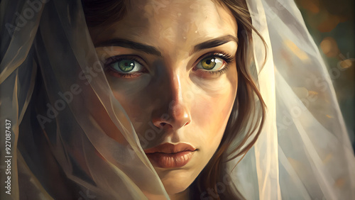 Illustration of Digital Painting of A close-up portrait focusing on the woman’s face partially covered by a delicate veil