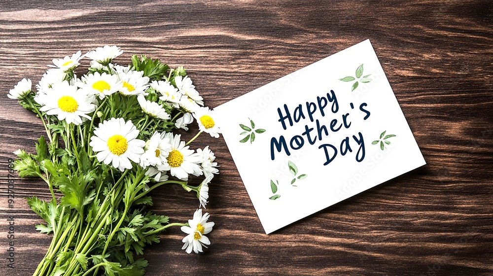 Naklejka premium A beautiful bouquet of daisies beside a card wishing a Happy Mother's Day, perfect for celebrations and heartfelt gestures.