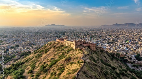 A panoramic view of the Jaipur cityscape with the majestic Amber Fort in the background.