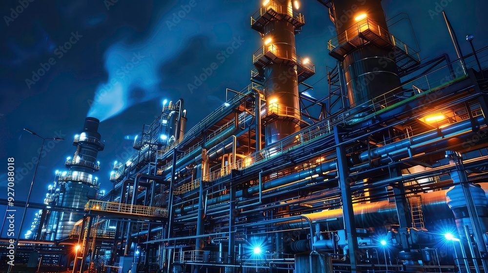A night view of an industrial plant with tall smokestacks and a network of pipes and platforms. The factory is lit up with bright lights and steam rises from a chimney. A night view of an industrial plant with tall smokestacks and a network of pipes and platforms. The factory is lit up with bright lights and steam rises from a chimney.