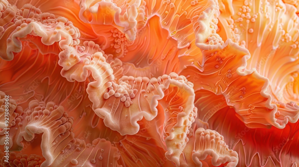 A detailed close-up of a coral polyp, showcasing its intricate texture and vibrant orange and pink colors. The polyp's surface is covered in small, rounded bumps and delicate, ruffled folds. A detailed close-up of a coral polyp, showcasing its intricate texture and vibrant orange and pink colors. The polyp's surface is covered in small, rounded bumps and delicate, ruffled folds.