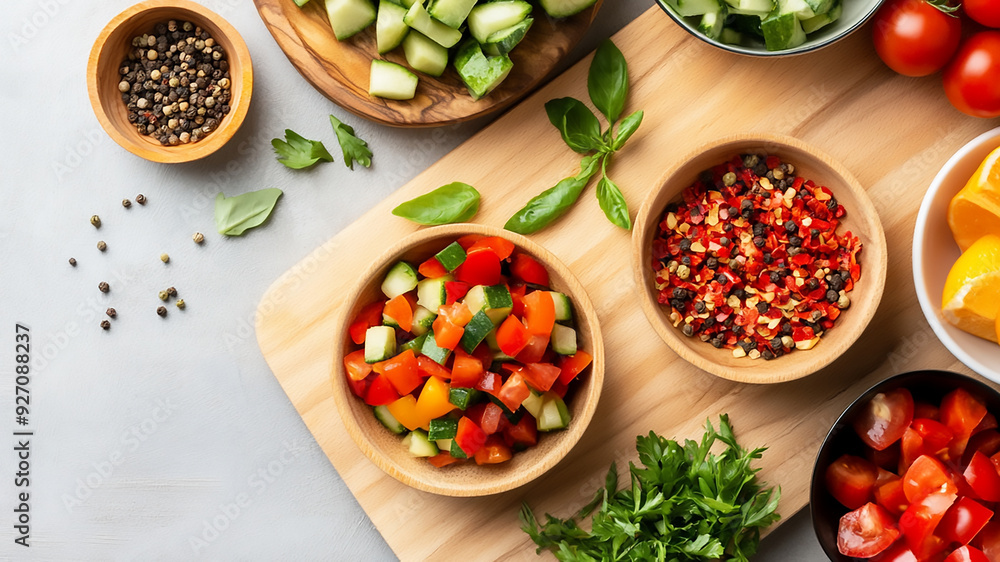 A flat lay of fresh, colorful ingredients on a wooden cutting board, including herbs, vegetables, and spices, ready for cooking. A flat lay of fresh, colorful ingredients on a wooden cutting board, including herbs, vegetables, and spices, ready for cooking.