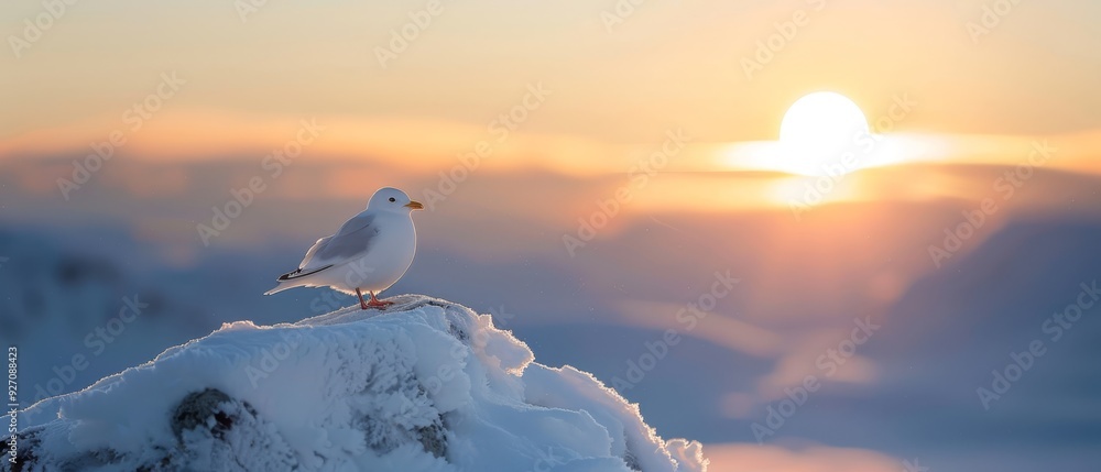 Naklejka premium A seagull atop a snow-capped mountain as the sun sets in the distance