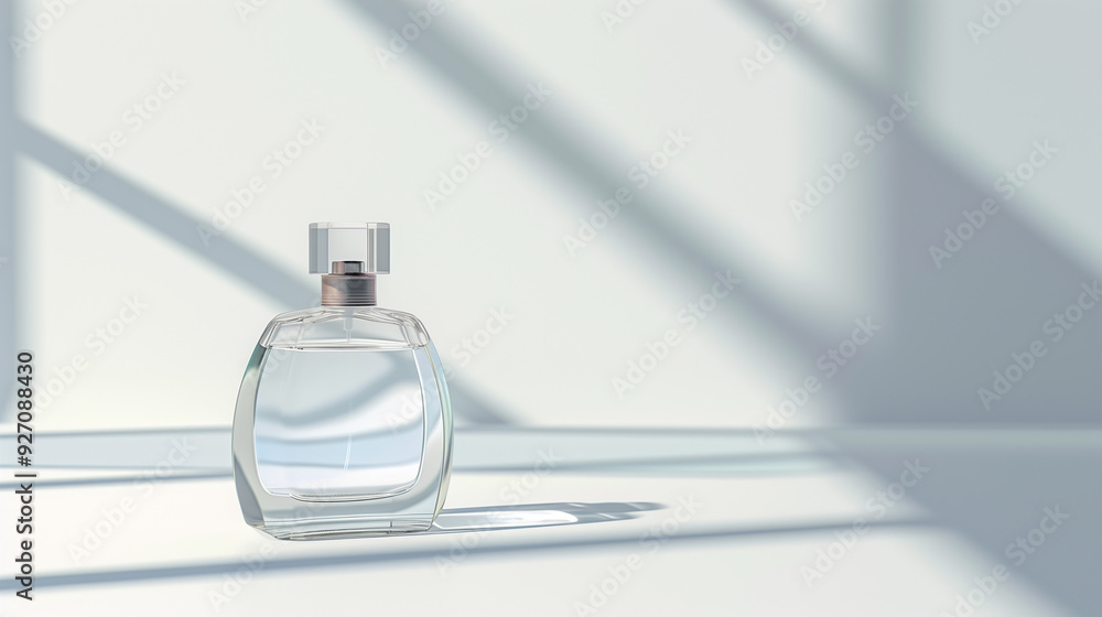 Transparent square perfume bottle on a light background. There is space for insertion. Transparent square perfume bottle on a light background. There is space for insertion.