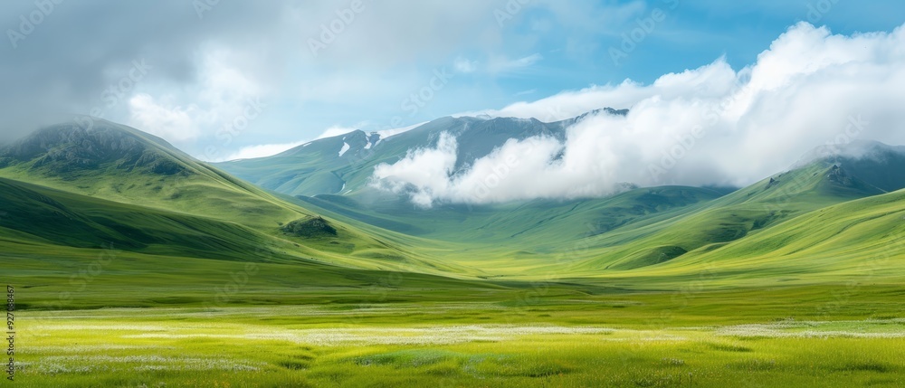 A green valley painting with mountains in the background and clouds above A green valley painting with mountains in the background and clouds above