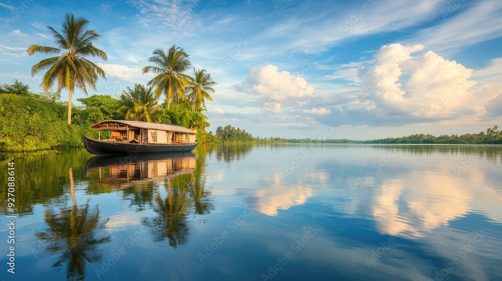 A serene view of the backwaters in Kerala with houseboats gliding through the calm waters. A serene view of the backwaters in Kerala with houseboats gliding through the calm waters.