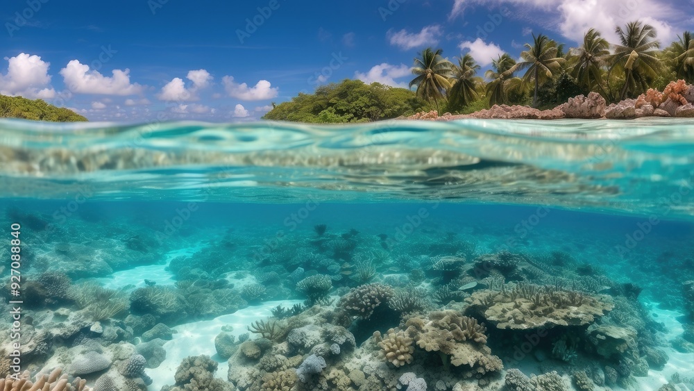 Obraz premium Clear turquoise water with coral reef below, vibrant and tropical.