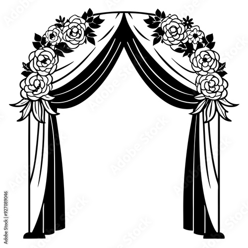 Wedding arch decorated with flowers and black curtains for a beautiful ceremony. Vector illustration 