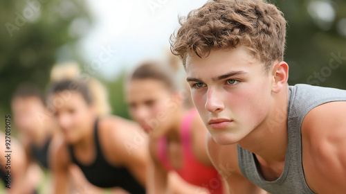 A group of people participating in a bootcamp workout in a park.