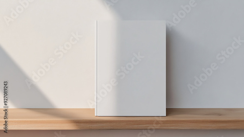 A hardcover book mockup standing upright on a wooden shelf, with a blank cover ready for custom artwork, surrounded by soft lighting.