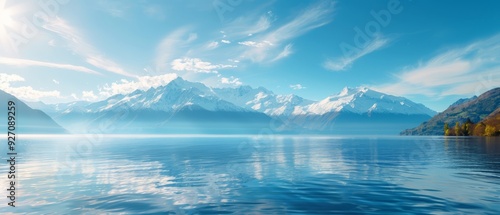  A scene of a expansive water body, framed by a mountain range in the backdrop, and a clear blue sky dotted with clouds up front
