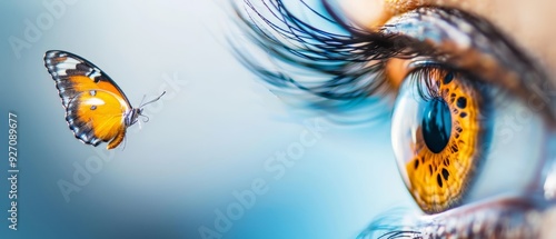  A close-up of a butterfly hovering near someone's eye, with its reflection seen in the eye