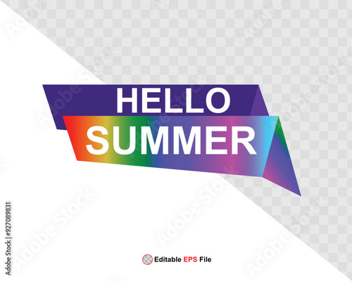Hello summer button, sun and sale. Vector minimalistic illustration of sun rays, swimming pool with sun lounger and umbrella and tropical palm leaf, orange and sea beach with sand for background