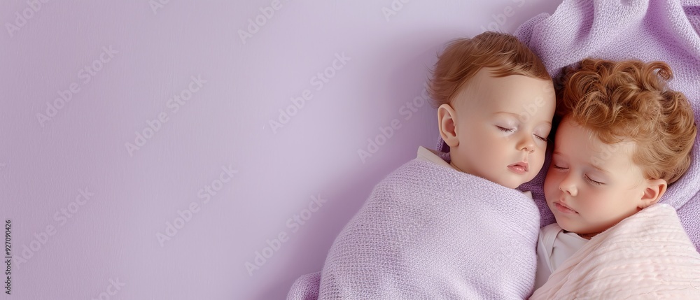 A couple of babies lying next to each other on a purple blanket A couple of babies lying next to each other on a purple blanket