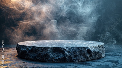 A pipe emerges from swirling smoke and fog, set against a dark, abstract background with hints of blue and white, creating a moody and atmospheric night scene photo