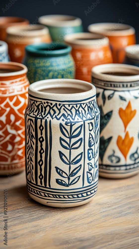 A series of pottery pieces, each telling a story through intricate, painted designs, Art, Pottery Painting Craft A series of pottery pieces, each telling a story through intricate, painted designs, Art, Pottery Painting Craft