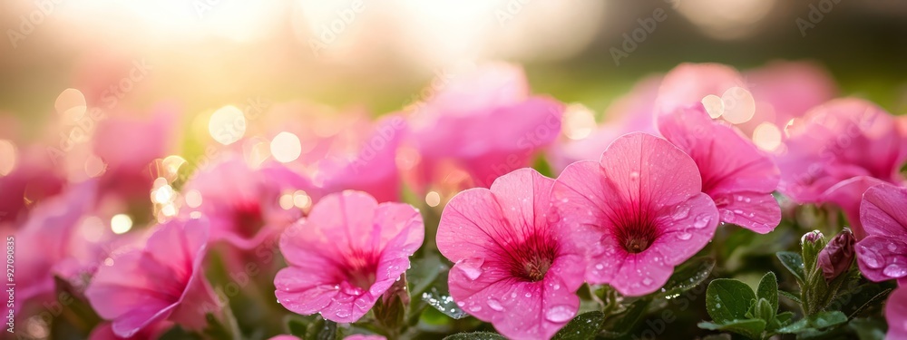 A field of grass dotted with a pink bloom group, each flower adorned with water droplets, under the sun's radiant backdrop A field of grass dotted with a pink bloom group, each flower adorned with water droplets, under the sun's radiant backdrop