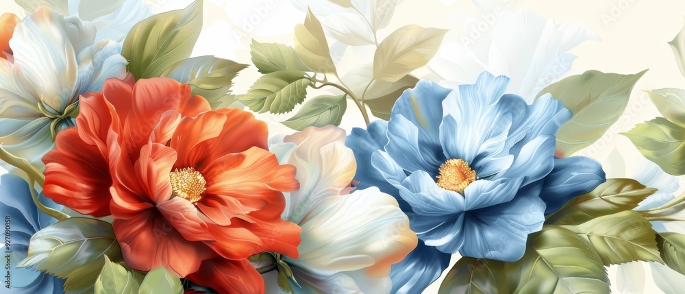 A tight shot of various blooms and their attached greens against a pristine white backdrop; red, blue, and white flowers included A tight shot of various blooms and their attached greens against a pristine white backdrop; red, blue, and white flowers included