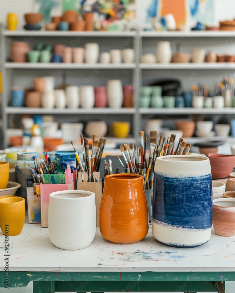 A studio filled with various art forms, including painting, sculpture, and pottery, Art, Craft Sculpture Painting A studio filled with various art forms, including painting, sculpture, and pottery, Art, Craft Sculpture Painting
