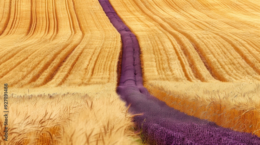 Φωτογραφία A single row of blooming lavender grows in a field of golden wheat