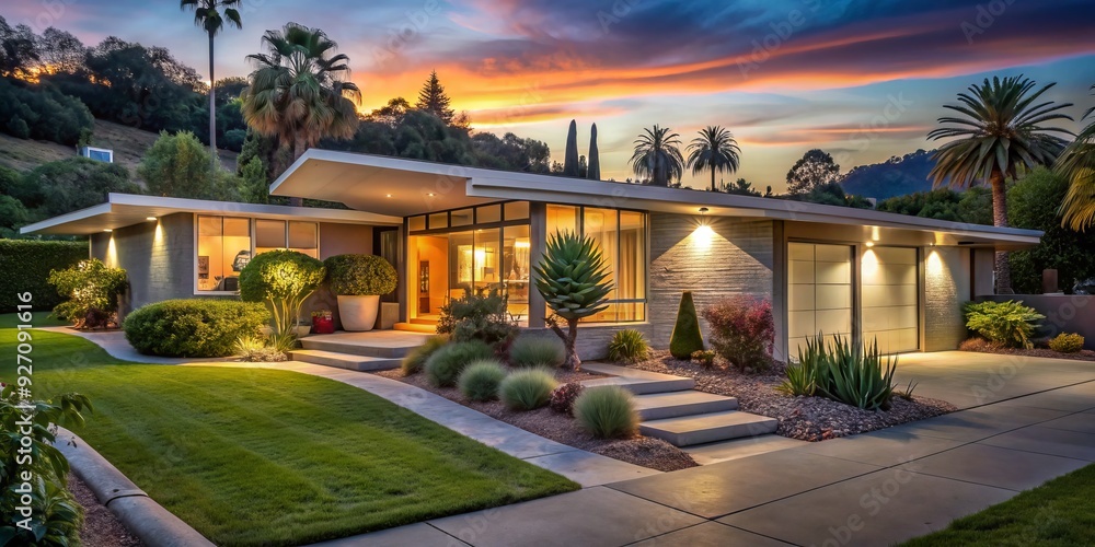 twilight casts a mystical glow on a mid-century modern home in the Hollywood District, with retro-futuristic lines, lush landscaping, and a touch of whimsy twilight casts a mystical glow on a mid-century modern home in the Hollywood District, with retro-futuristic lines, lush landscaping, and a touch of whimsy