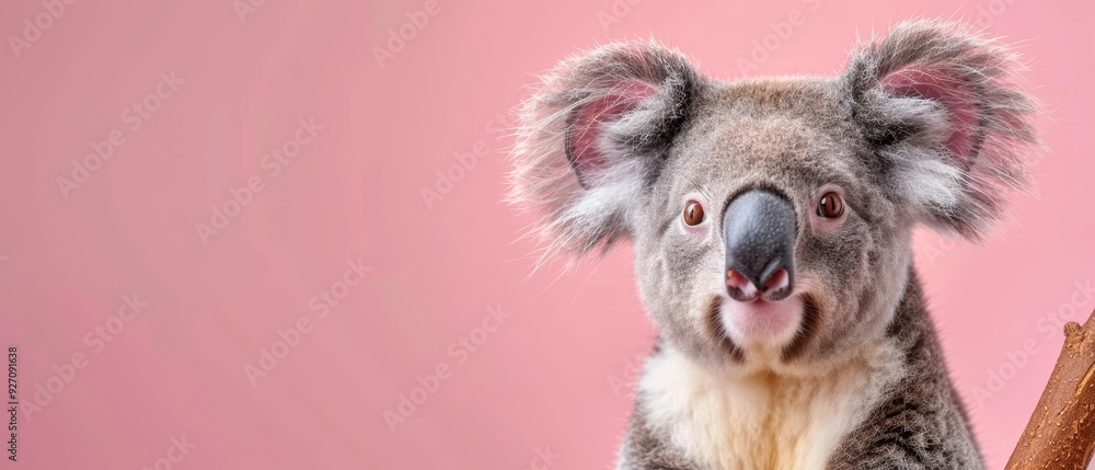 A koala up-close against pink, stick before face A koala up-close against pink, stick before face