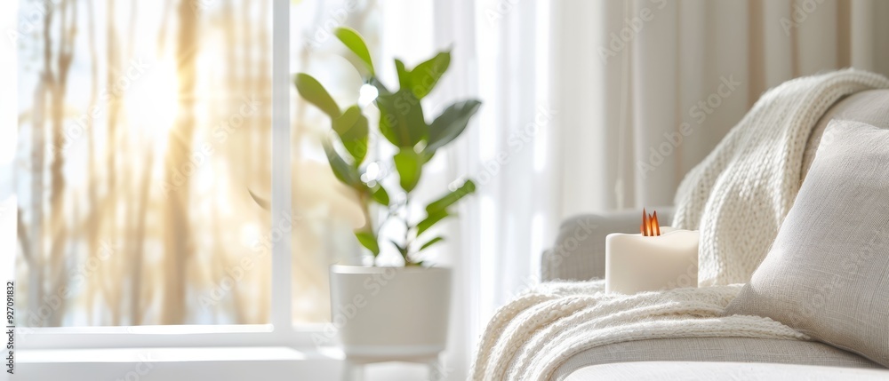 white couch, potted plant beside it, blanket on couch back white couch, potted plant beside it, blanket on couch back